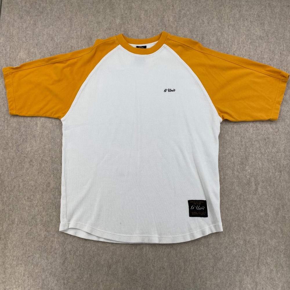 G-Unit Mens XL Heavy Weight Waffle Knit Raglan T-Shirt White Yellow Vintage 00s